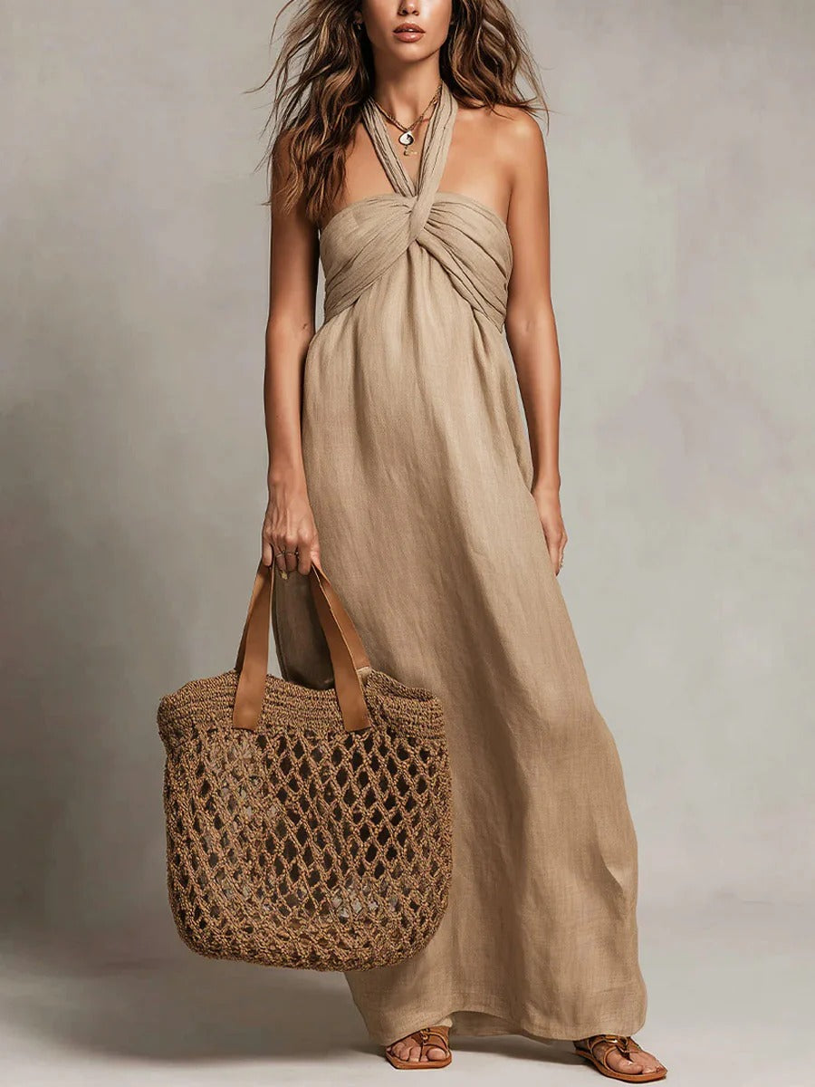 Abito da donna senza maniche con spalline, casual, elegante e comodo, in cotone e lino.