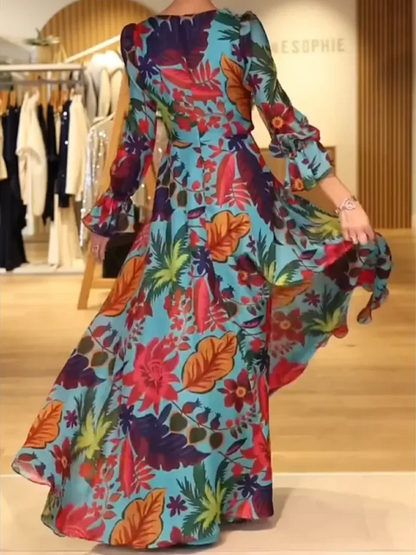 Abito lungo a fiori con elegante scollo a V