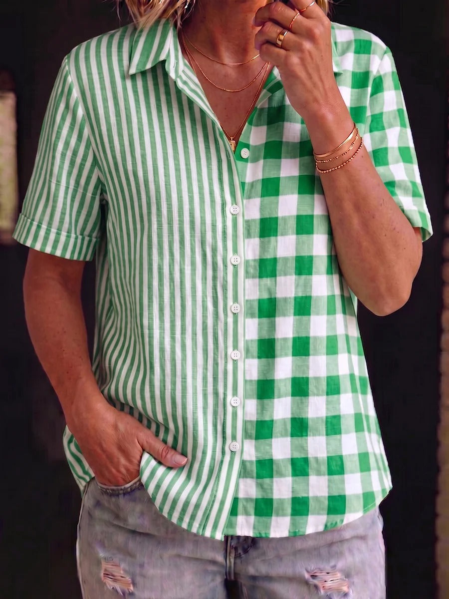 Camicia in misto cotone e lino con motivo patchwork artistico a quadri e righe