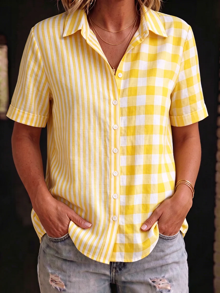 Camicia in misto cotone e lino con motivo patchwork artistico a quadri e righe