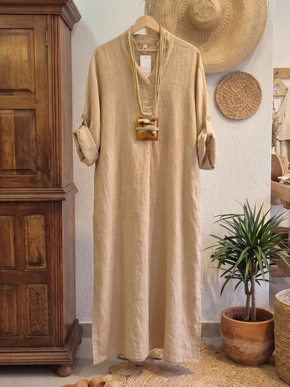 Abito lungo casual e comodo in cotone e lino con scollo a V.