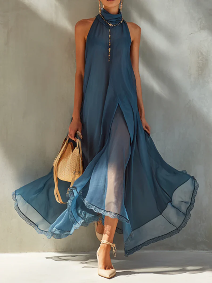 Elegante abito da festa in chiffon con collo alto, perfetto per le vacanze.