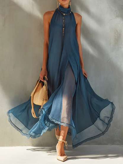 Elegante abito da festa in chiffon con collo alto, perfetto per le vacanze.