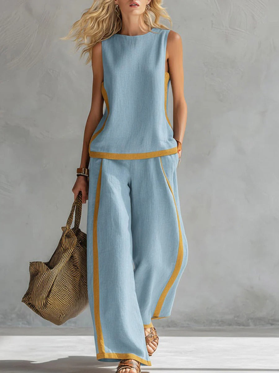 Set 100% lino con top casual ampio senza maniche a girocollo e pantaloni ampi a gamba larga a vita alta.