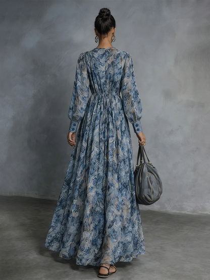 Abito lungo in chiffon con scollo a V e maniche a lanterna, con stampa floreale blu in stile bohémien