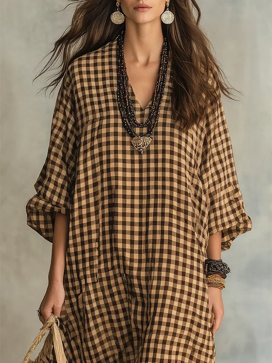Abito Jessica - lungo casual ed elegante in cotone e lino con motivo a quadri retrò