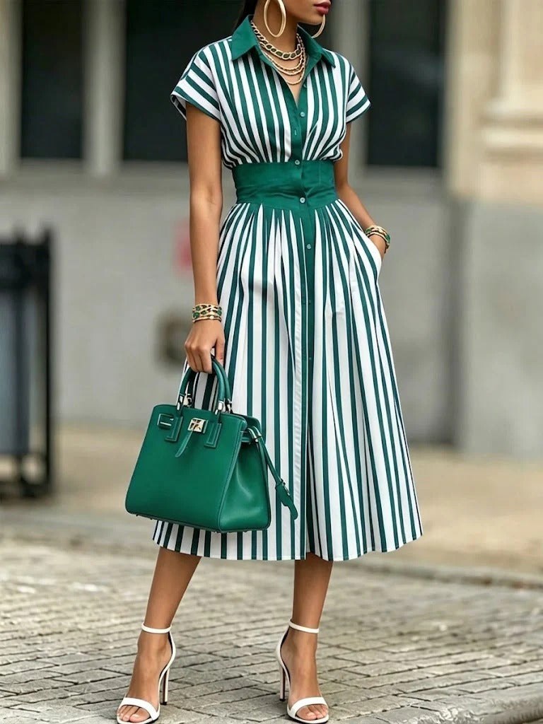 Abito a camicia casual a righe in cotone