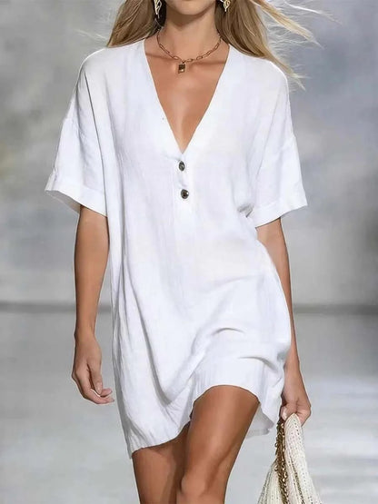 Abito corto da donna a tinta unita con scollo a V, casual ed elegante