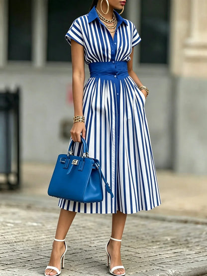 Abito a camicia casual a righe in cotone