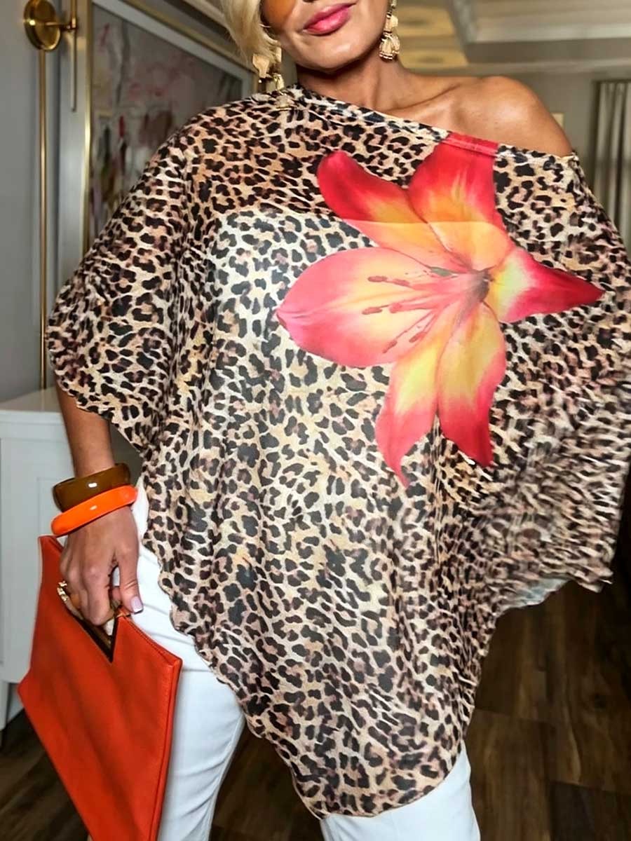 Top casual in chiffon con stampa leopardata, scollo rotondo e maniche a tre quarti, dalla vestibilità ampia