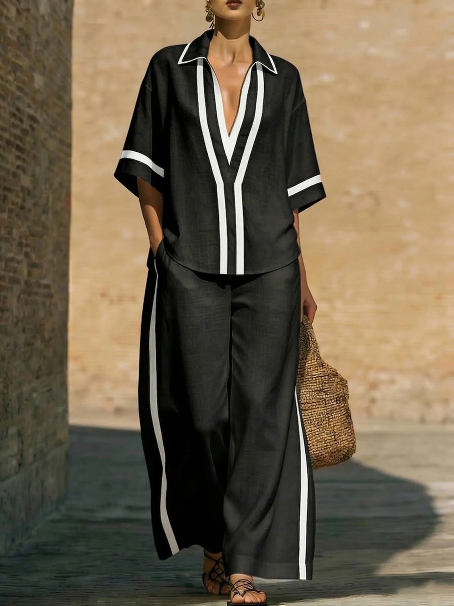 Completo Sabrina a due pezzi in misto cotone e lino con bordi rifiniti e effetto color block