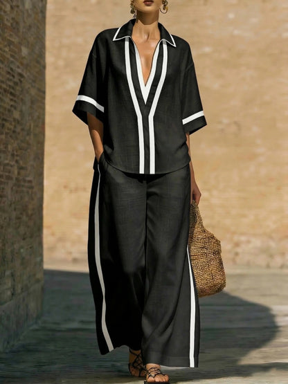Completo Sabrina a due pezzi in misto cotone e lino con bordi rifiniti e effetto color block