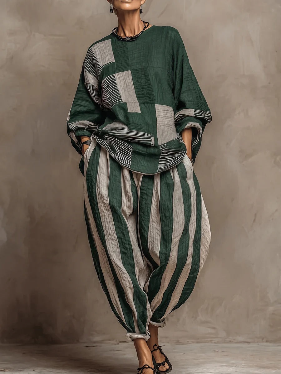 Set Jennifer a due pezzi in misto cotone e lino con stampa a righe artistica