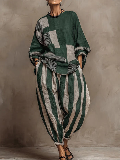 Set Jennifer a due pezzi in misto cotone e lino con stampa a righe artistica