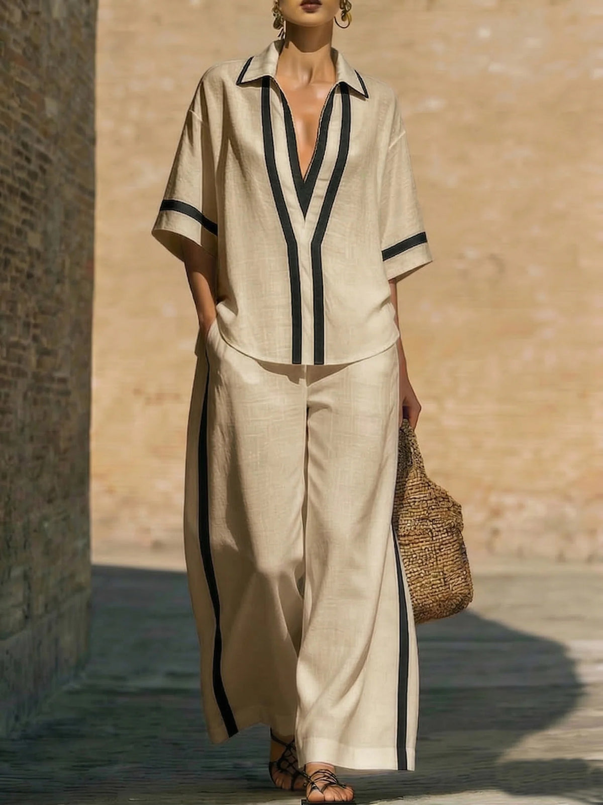 Completo Sabrina a due pezzi in misto cotone e lino con bordi rifiniti e effetto color block