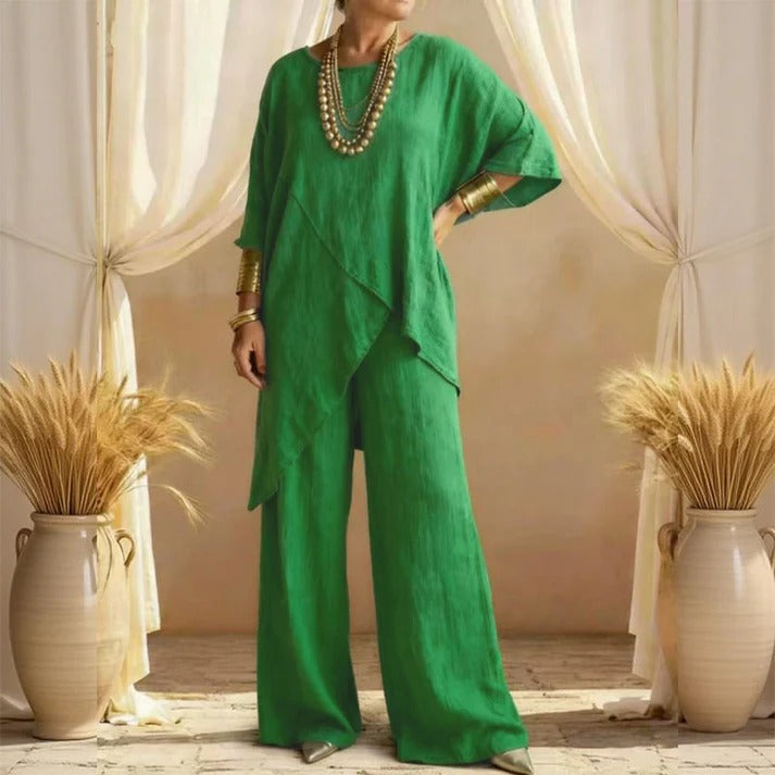 🎁Completo due pezzi da donna, composto da top e pantaloni asimmetrici in misto cotone e lino, dalla vestibilità ampia.