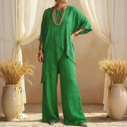 🎁Completo due pezzi da donna, composto da top e pantaloni asimmetrici in misto cotone e lino, dalla vestibilità ampia.
