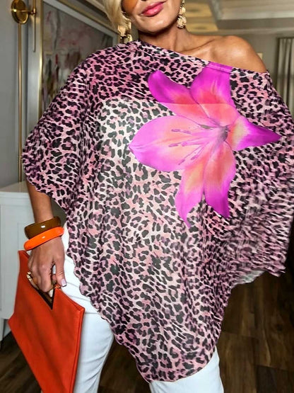 Top casual in chiffon con stampa leopardata, scollo rotondo e maniche a tre quarti, dalla vestibilità ampia