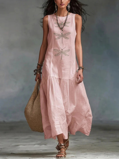 Abito lungo in cotone e lino con stampa libellula in stile boho retrò