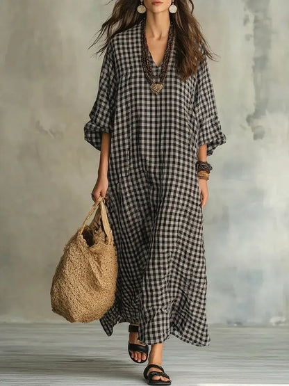 Abito Jessica - lungo casual ed elegante in cotone e lino con motivo a quadri retrò