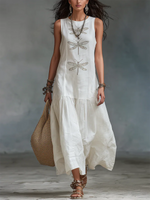 Abito lungo in cotone e lino con stampa libellula in stile boho retrò