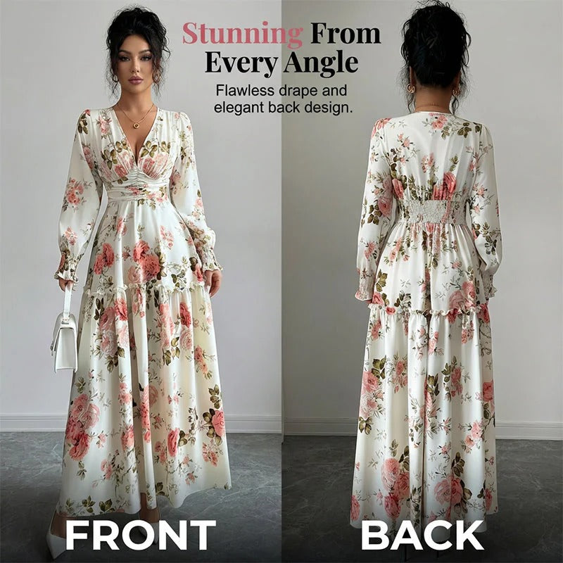 🌹 Abito lungo vintage con scollo a V e stampa di rose - Eleganza romantica, atmosfera da dea! 🌹
