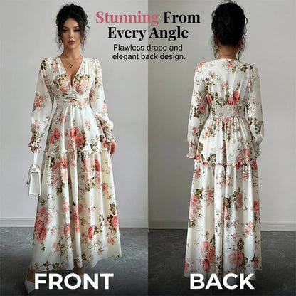 🌹 Abito lungo vintage con scollo a V e stampa di rose - Eleganza romantica, atmosfera da dea! 🌹