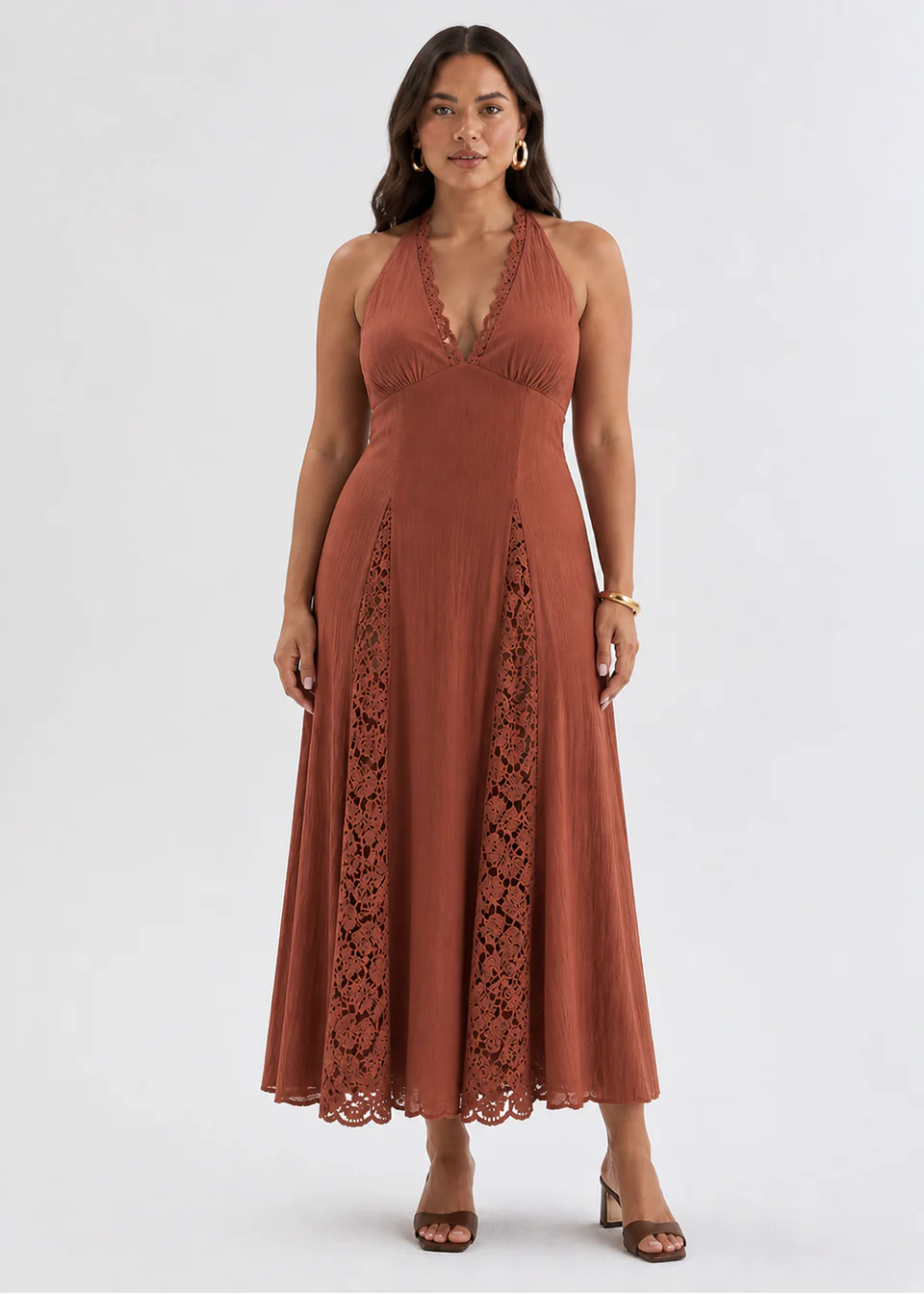 Abito midi con scollo all'americana in pizzo - Cioccolato