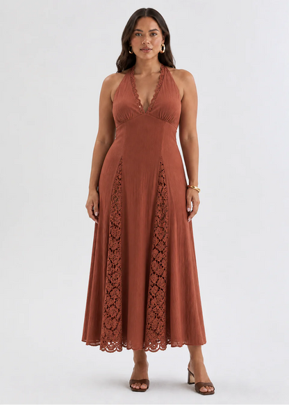 Abito midi con scollo all'americana in pizzo - Cioccolato