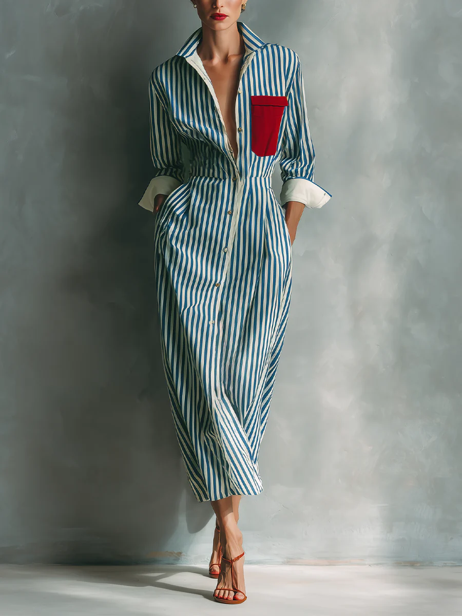 Abito a camicia a righe in misto cotone blu e bianco con inserto rosso sul petto