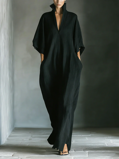 Abito lungo oversize con maniche a kimono in tessuto misto cotone nero