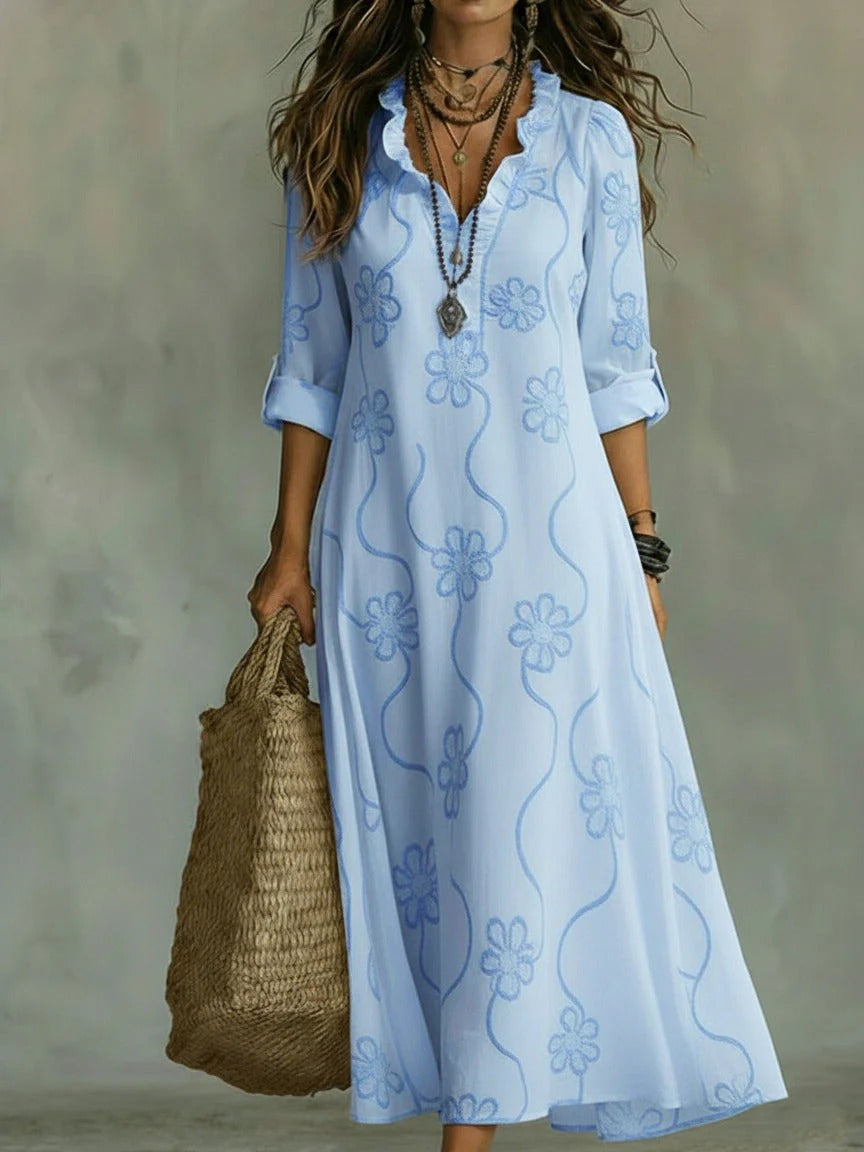 Kallie - Abito lungo con scollo a V ricamato, vestibilità casual