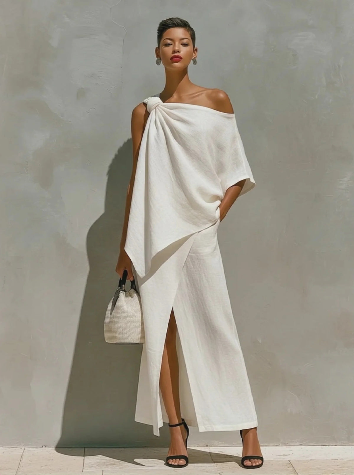 COMPLETO DA DONNA IN LINO BIANCO CON DETTAGLIO NODO SU UNA SPALLA
