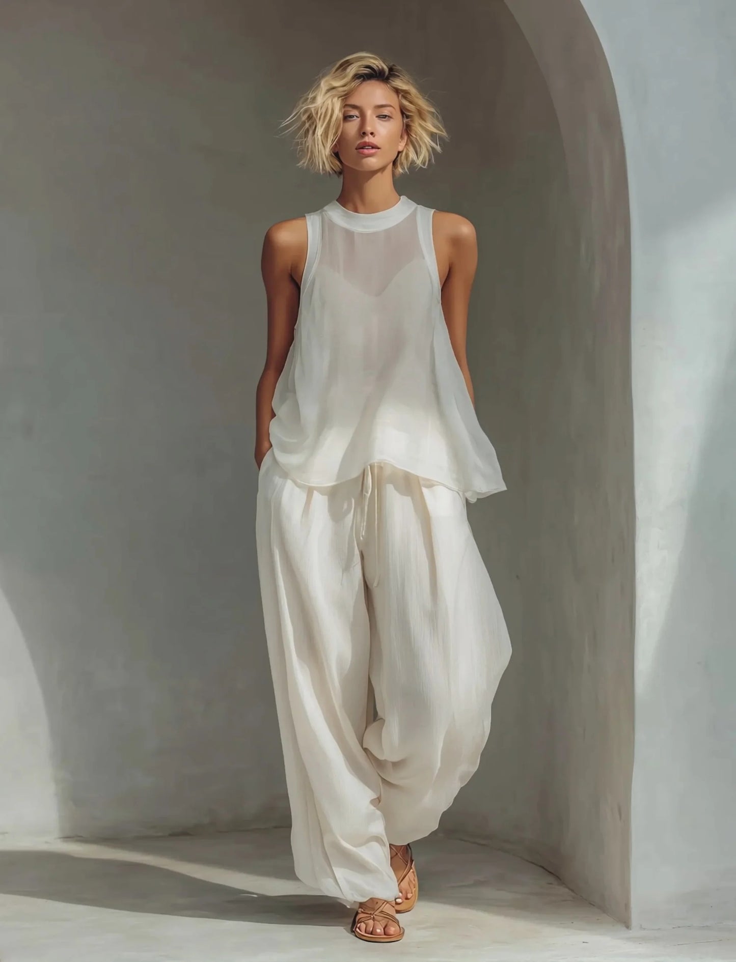 Completo da donna color crema composto da top senza maniche e pantaloni a gamba larga lino
