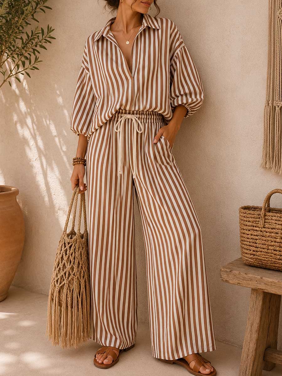 Set elegante in misto cotone e lino con stampa a righe: top dalla vestibilità, e pantaloni a vita alta a gamba larga