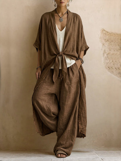 Set a due pezzi in lino e cotone in stile bohémien: cardigan lungo e pantaloni