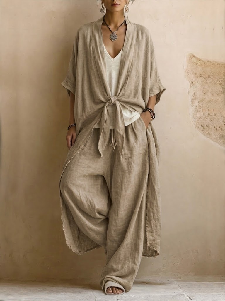 Set a due pezzi in lino e cotone in stile bohémien: cardigan lungo e pantaloni