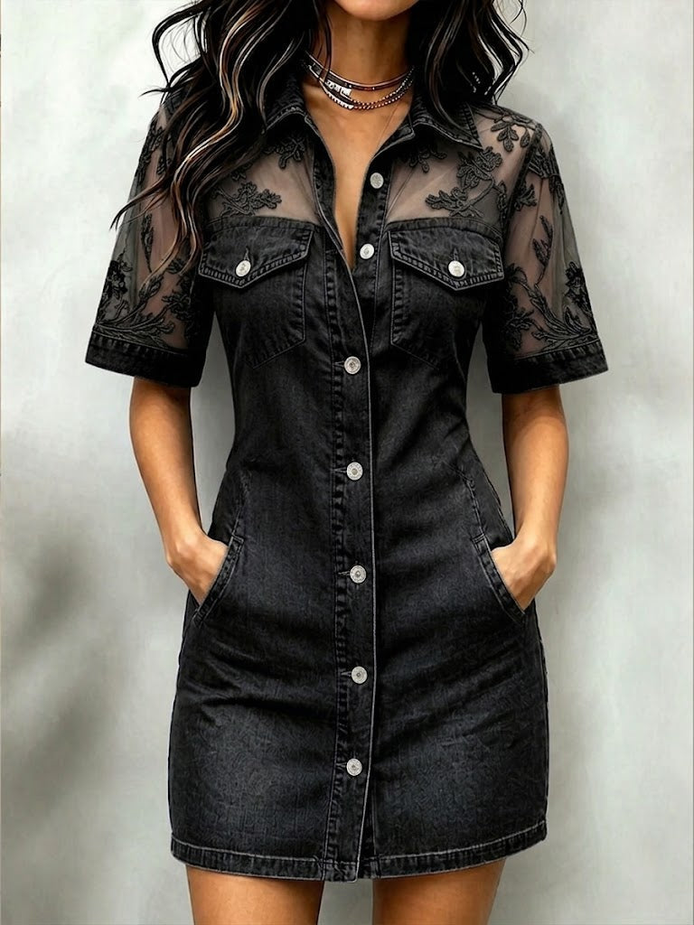 Elegante miniabito casual in denim con inserti in pizzo 🥰