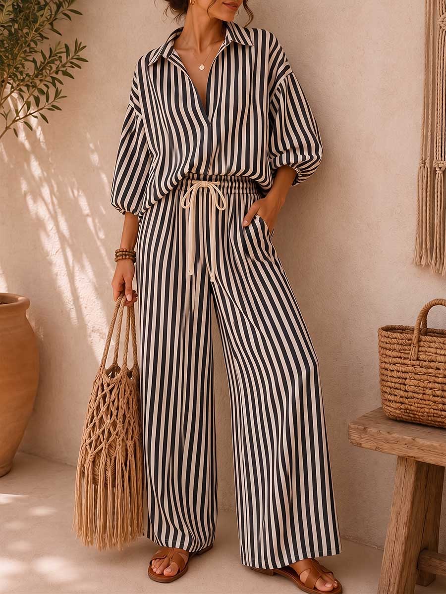 Set elegante in misto cotone e lino con stampa a righe: top dalla vestibilità, e pantaloni a vita alta a gamba larga