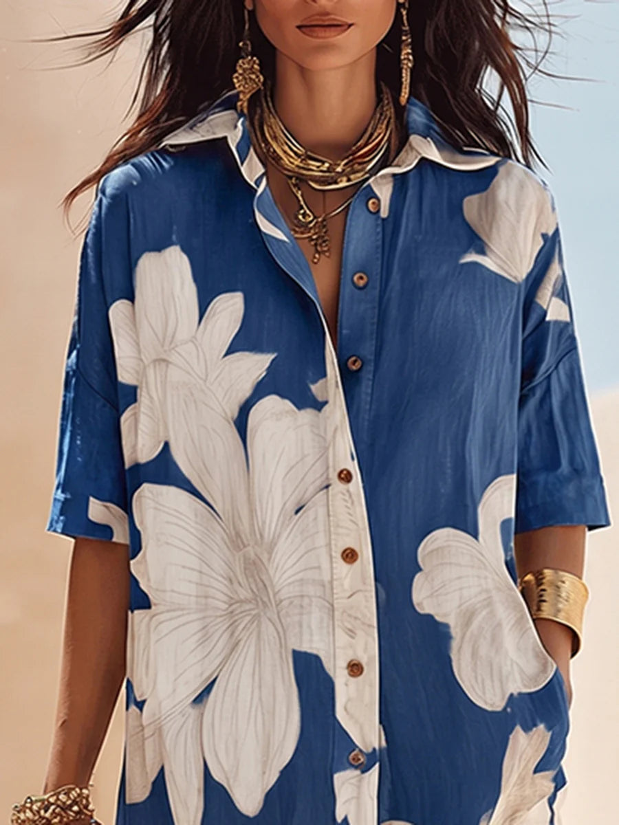 Abito bianco in misto cotone e lino in stile boho con stampa floreale