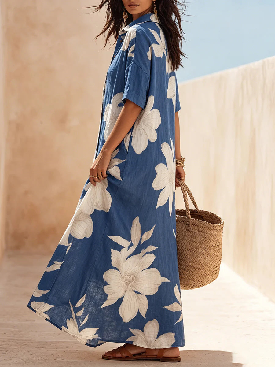 Abito bianco in misto cotone e lino in stile boho con stampa floreale