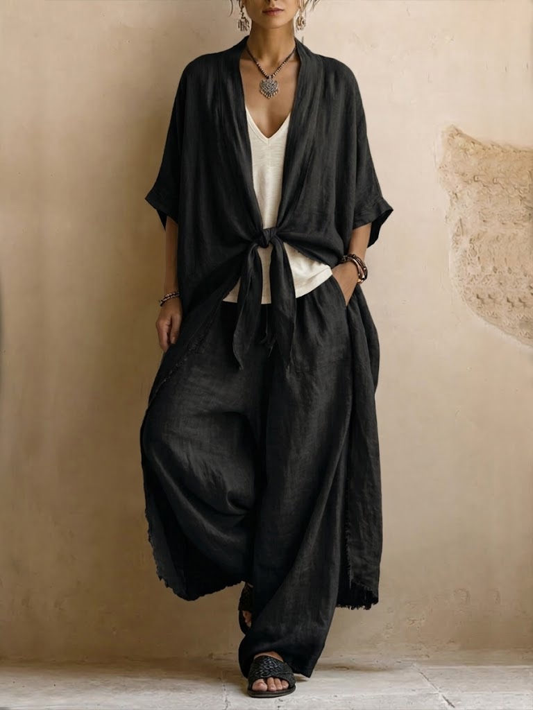 Set a due pezzi in lino e cotone in stile bohémien: cardigan lungo e pantaloni
