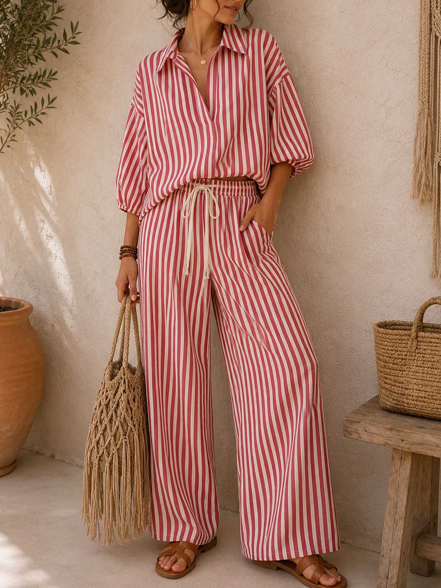 Set elegante in misto cotone e lino con stampa a righe: top dalla vestibilità, e pantaloni a vita alta a gamba larga