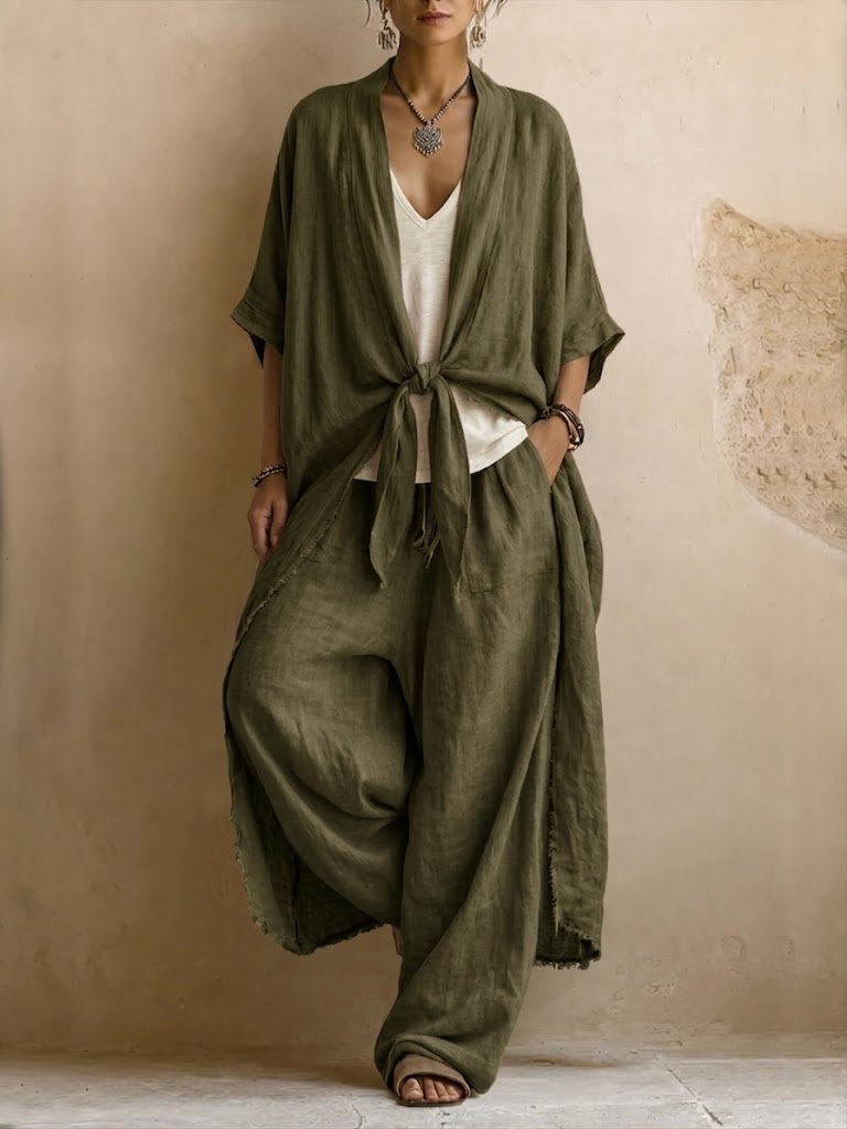 Set a due pezzi in lino e cotone in stile bohémien: cardigan lungo e pantaloni