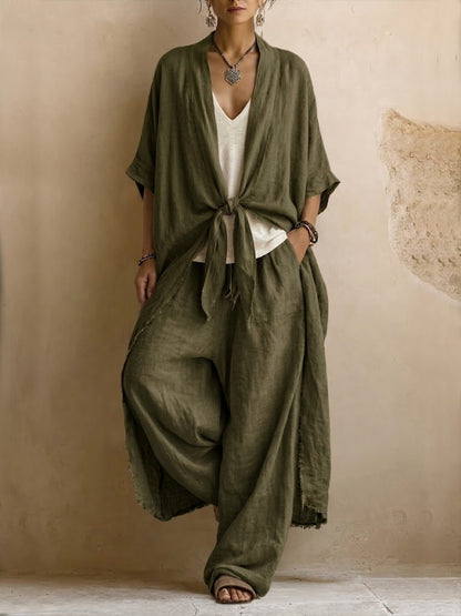 Set a due pezzi in lino e cotone in stile bohémien: cardigan lungo e pantaloni