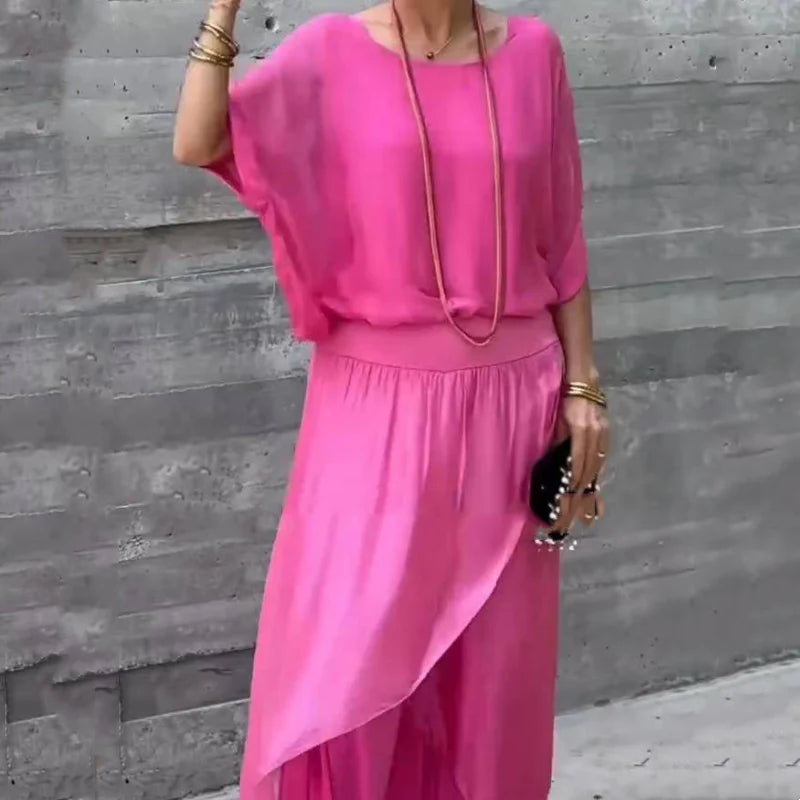 Set Isabel a due pezzi in chiffon con top ampio e pantaloni a zampa con spacco