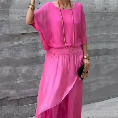 Set Isabel a due pezzi in chiffon con top ampio e pantaloni a zampa con spacco