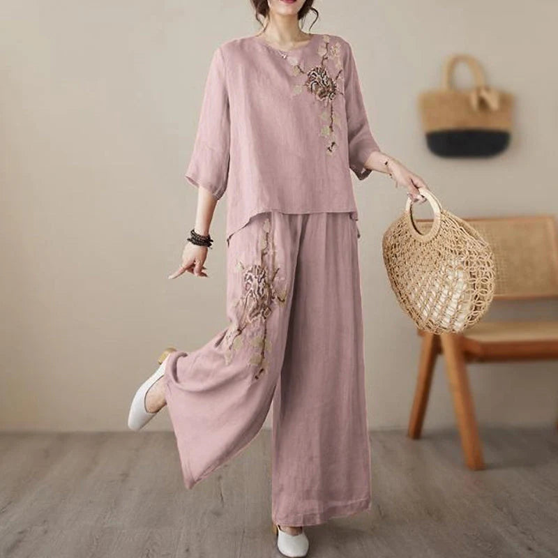 Set GRETA da due pezzi in cotone e lino ricamato in stile vintage