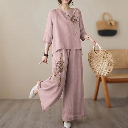 Set GRETA da due pezzi in cotone e lino ricamato in stile vintage