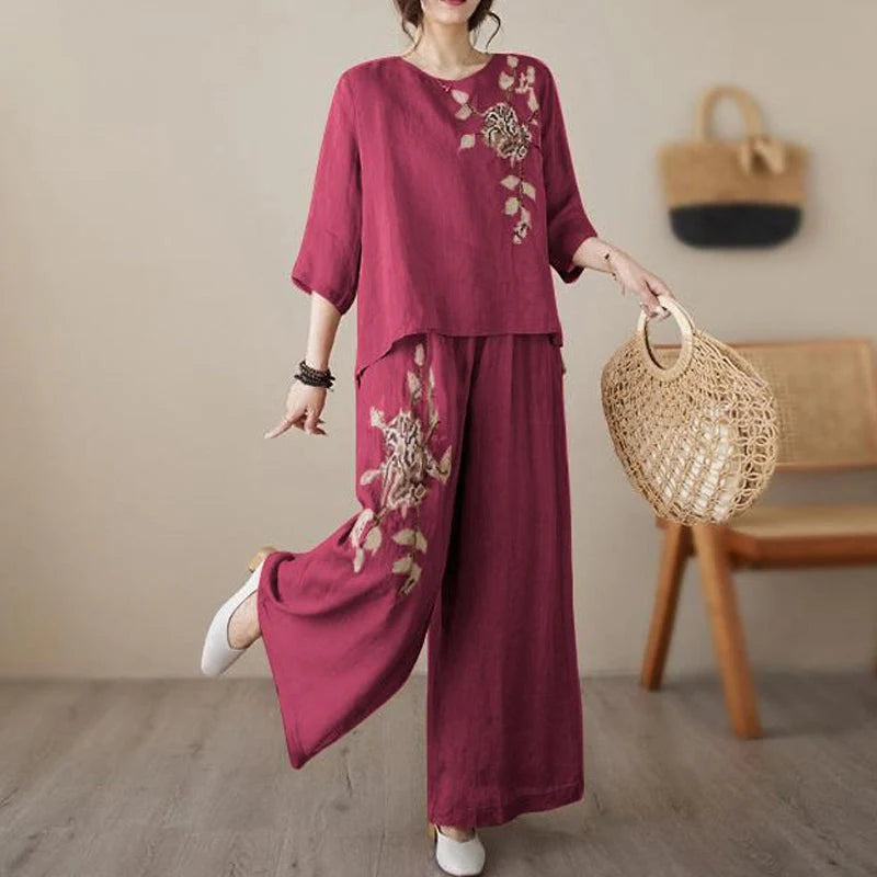 Set GRETA da due pezzi in cotone e lino ricamato in stile vintage